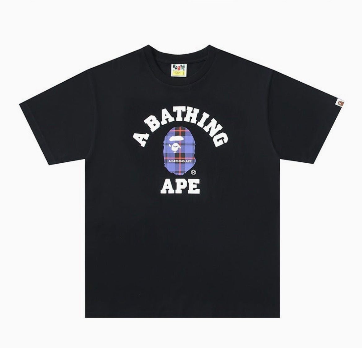Bape Shirt Purple/Blue Plaid Ape Head Black Tee